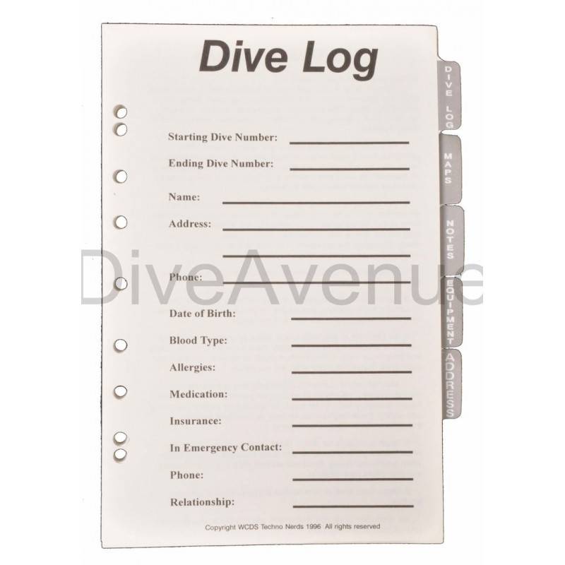 Dive log pages for diving logbook