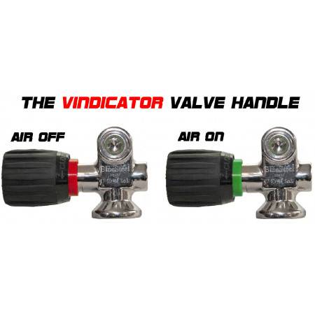 Vindicator handwheel for scuba valve with ON/OFF indicator.