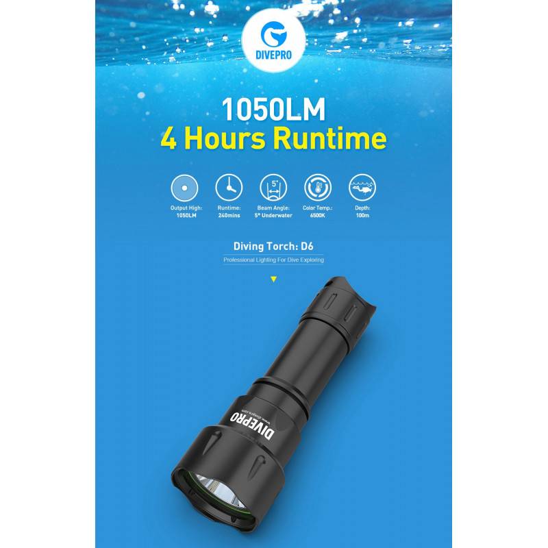 Diving light DIVEPRO D6 1050Lm 5° - 4h duration Diving light DIVEPRO D6 1050Lm 5° - 4h duration